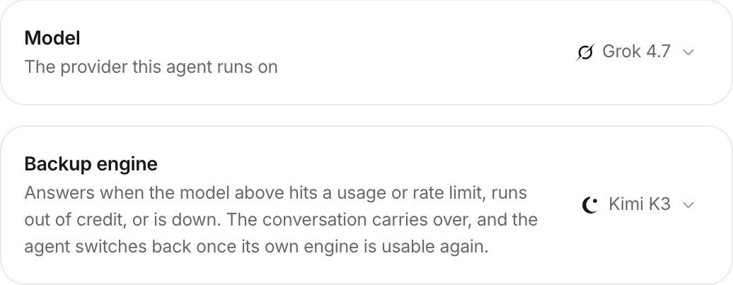 Agent settings: Model is Grok 4.7, Backup engine is Kimi K3