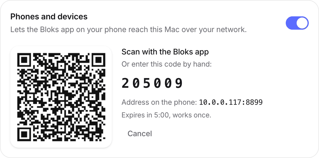 A pairing QR code beside a six digit code, the address to enter on the phone, and a five minute countdown