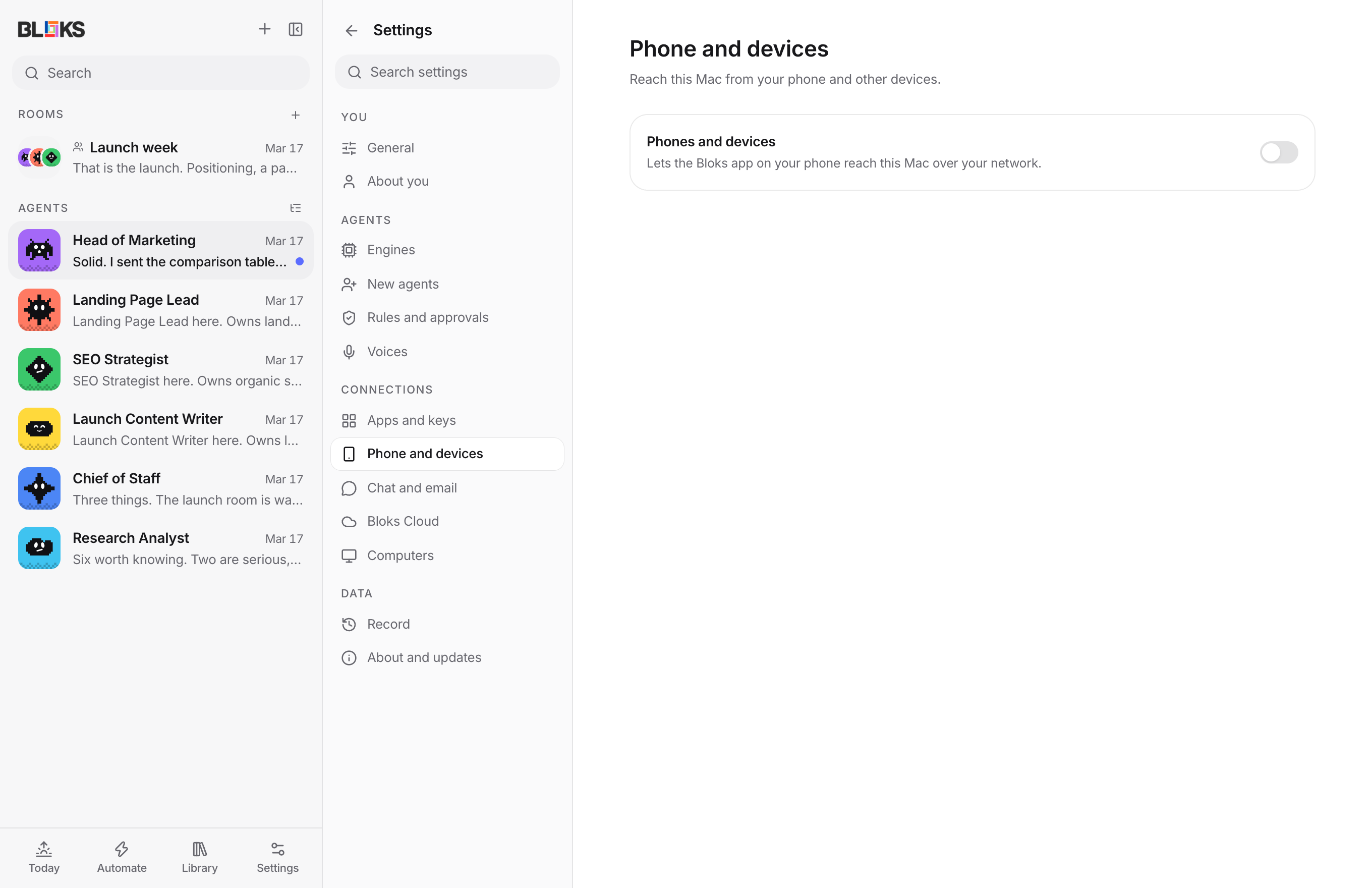 Bloks Settings open on the Phone and devices page, with the Phones and devices switch at the top