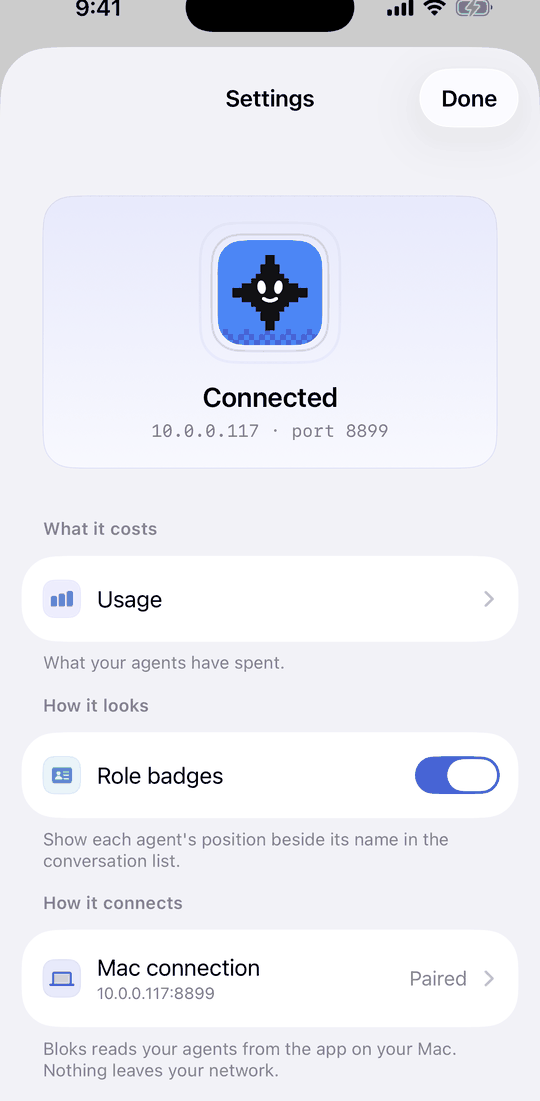 iPhone Settings showing Connected, and Mac connection marked Paired