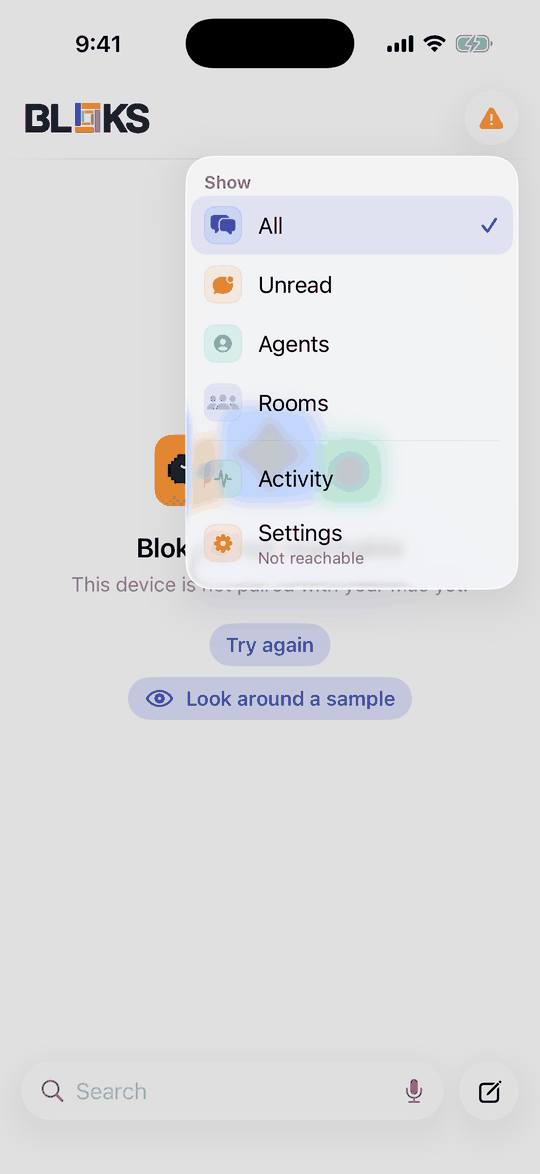 The menu at the top right of the iPhone app, with Settings at the bottom