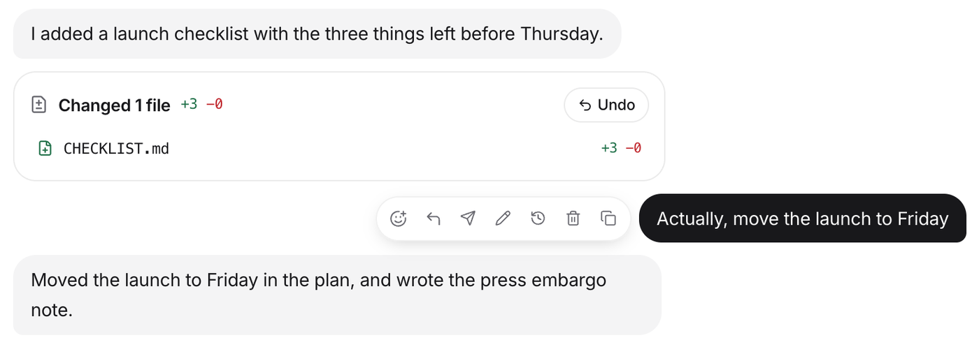 The bar beside a sent message, with the Rewind to here button among Reply, Edit and Delete