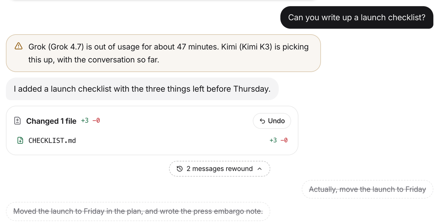 The chat after a rewind: the checklist turn stays, the Friday turn is folded into 2 messages rewound, and the message is back in the box