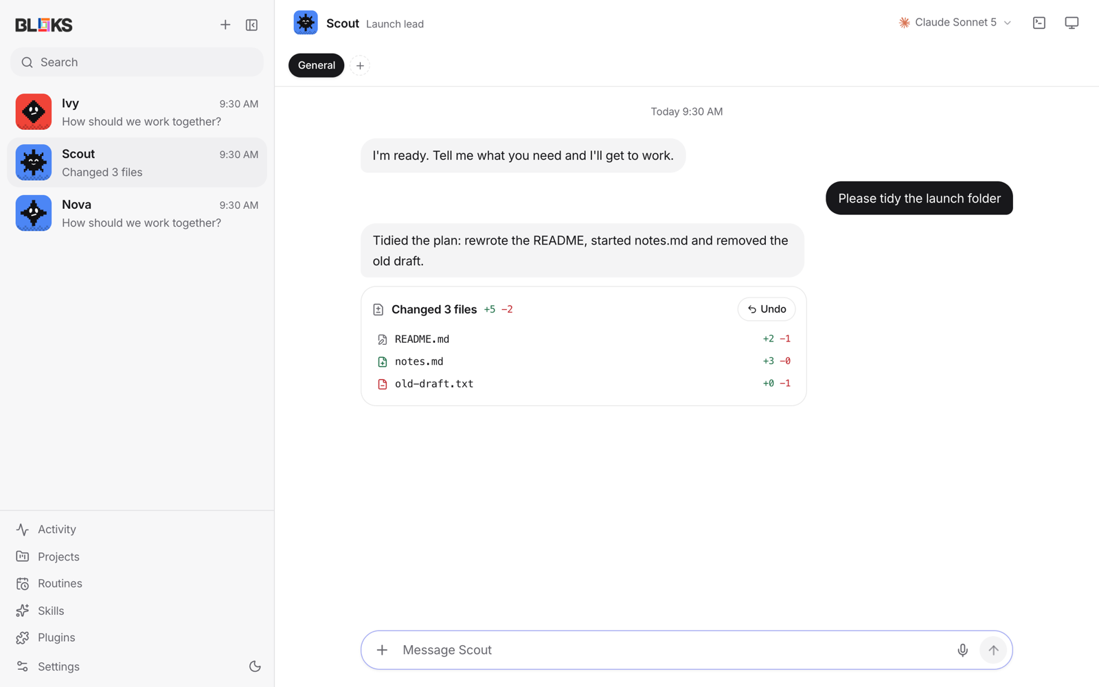 Bloks open in Chrome through Bloks Cloud, with the agent list and a chat