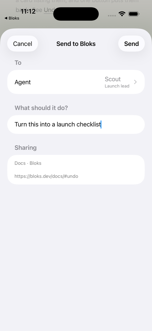 The Send to Bloks sheet on iPhone: sending a docs page to Scout with the note Turn this into a launch checklist