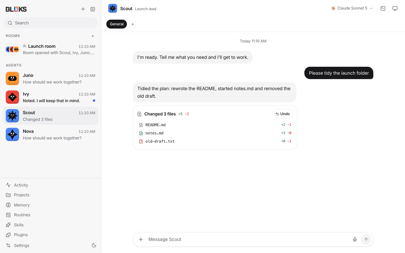 Bloks with an agent's reply and, under it, a card listing the three files it changed with an Undo button
