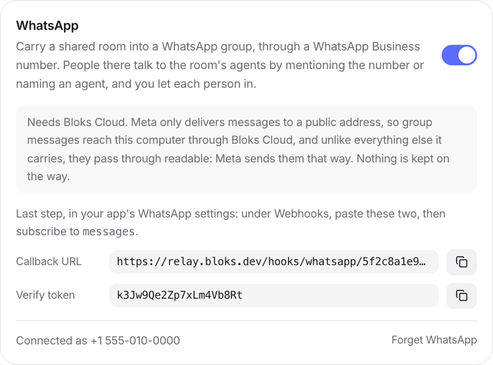 WhatsApp connected in Bloks settings, with the callback URL and verify token to paste into Meta