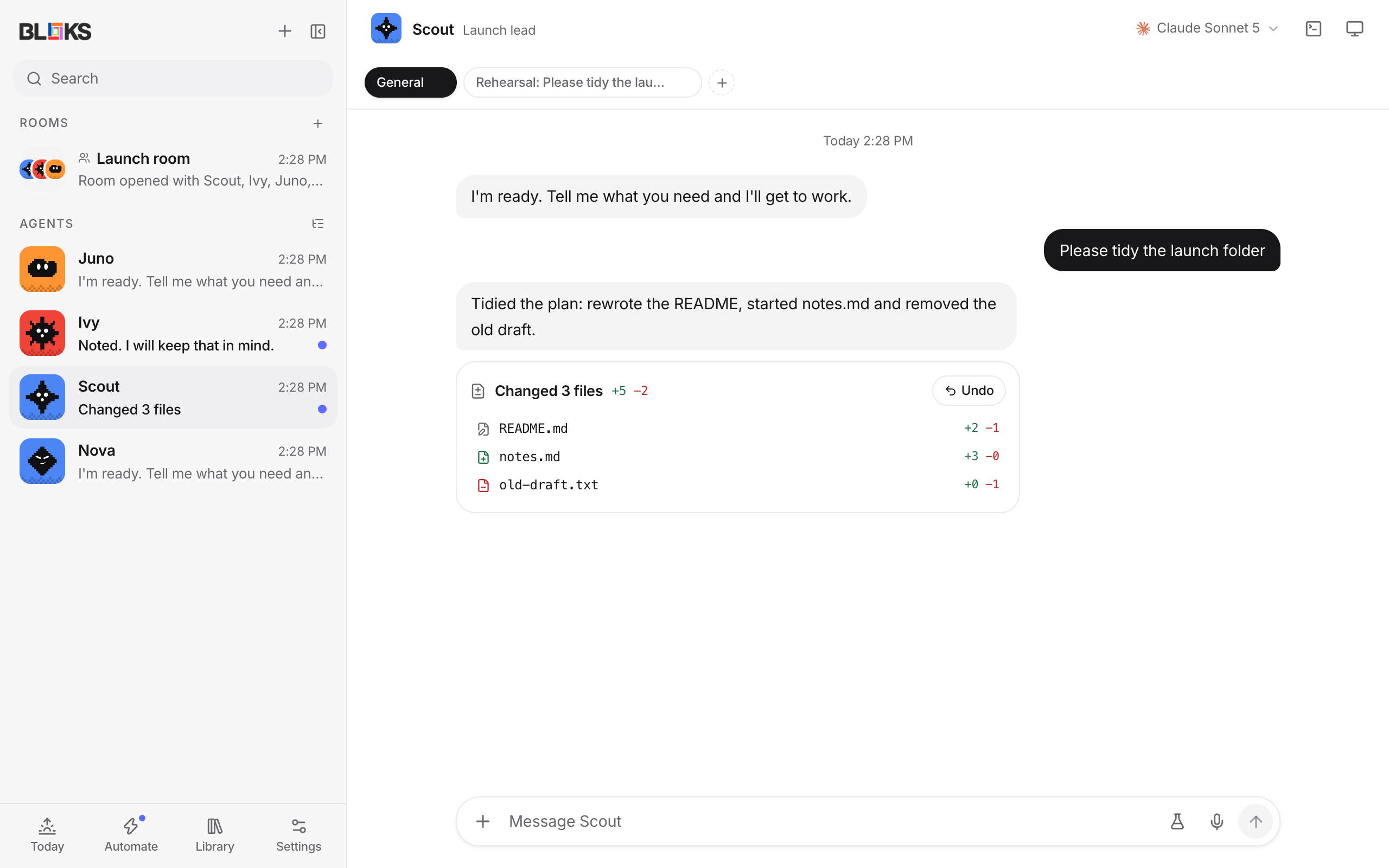 Bloks open in a browser: the agent list on the left, and a chat where the agent changed three files, shown as a card with an Undo button