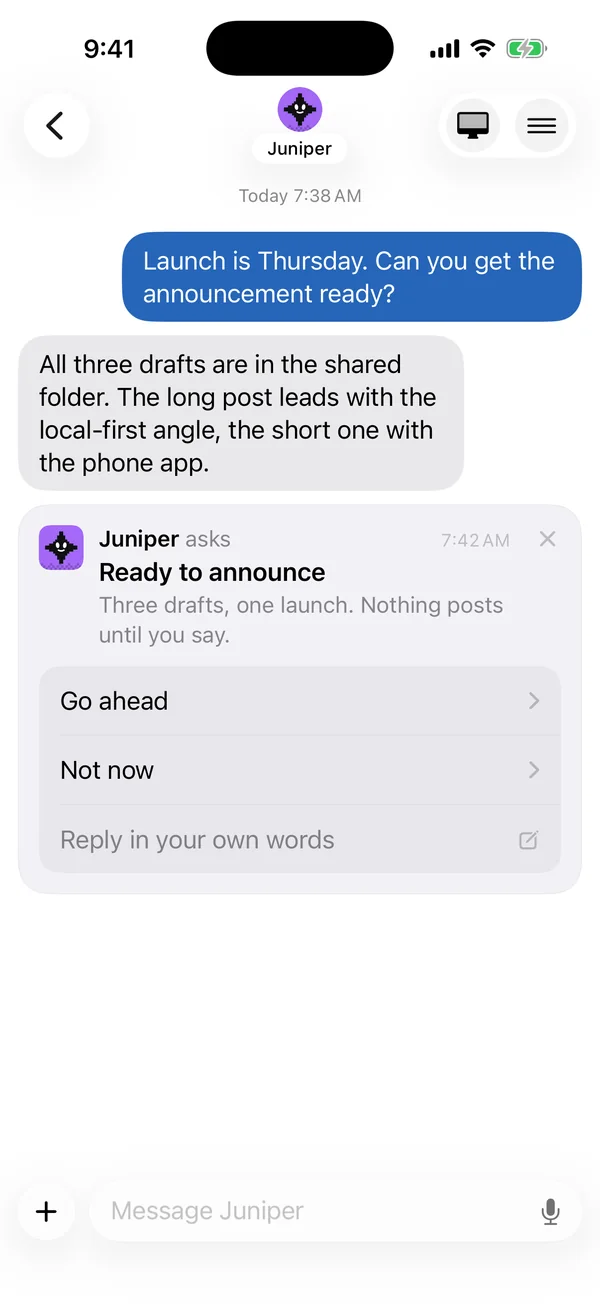 Juniper asks on iPhone: Ready to announce, with Go ahead and Not now.