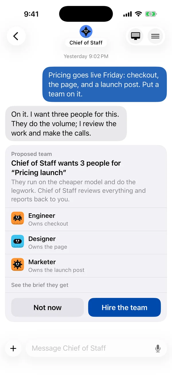 Bloks on iPhone: Chief of Staff proposes an Engineer, a Designer and a Marketer for the pricing launch.