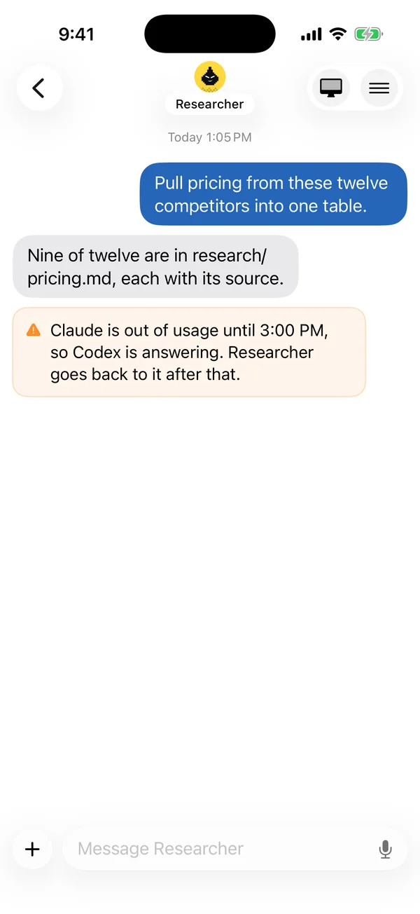 Bloks on iPhone: Claude Code is out of usage, so Codex is answering and the Researcher carries on.