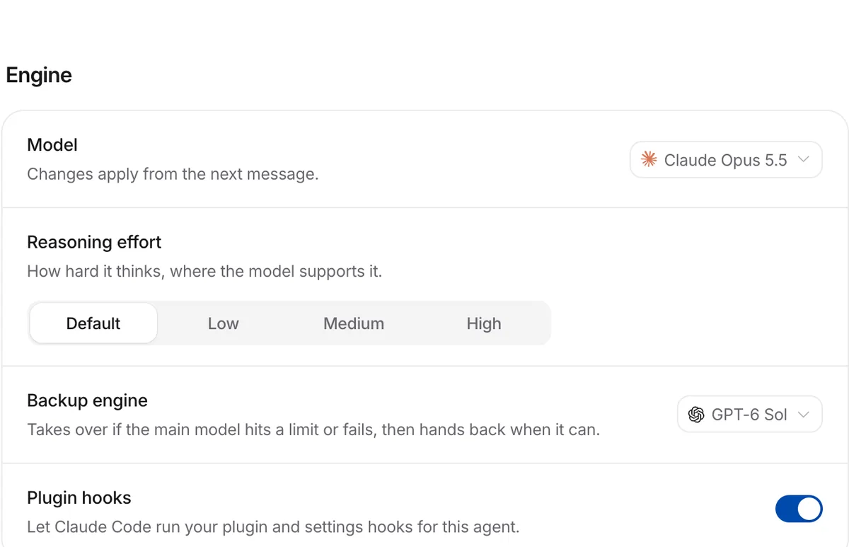 An agent's engine settings in Bloks: the model, reasoning effort, and a backup engine that takes over if the main model hits a limit or fails.