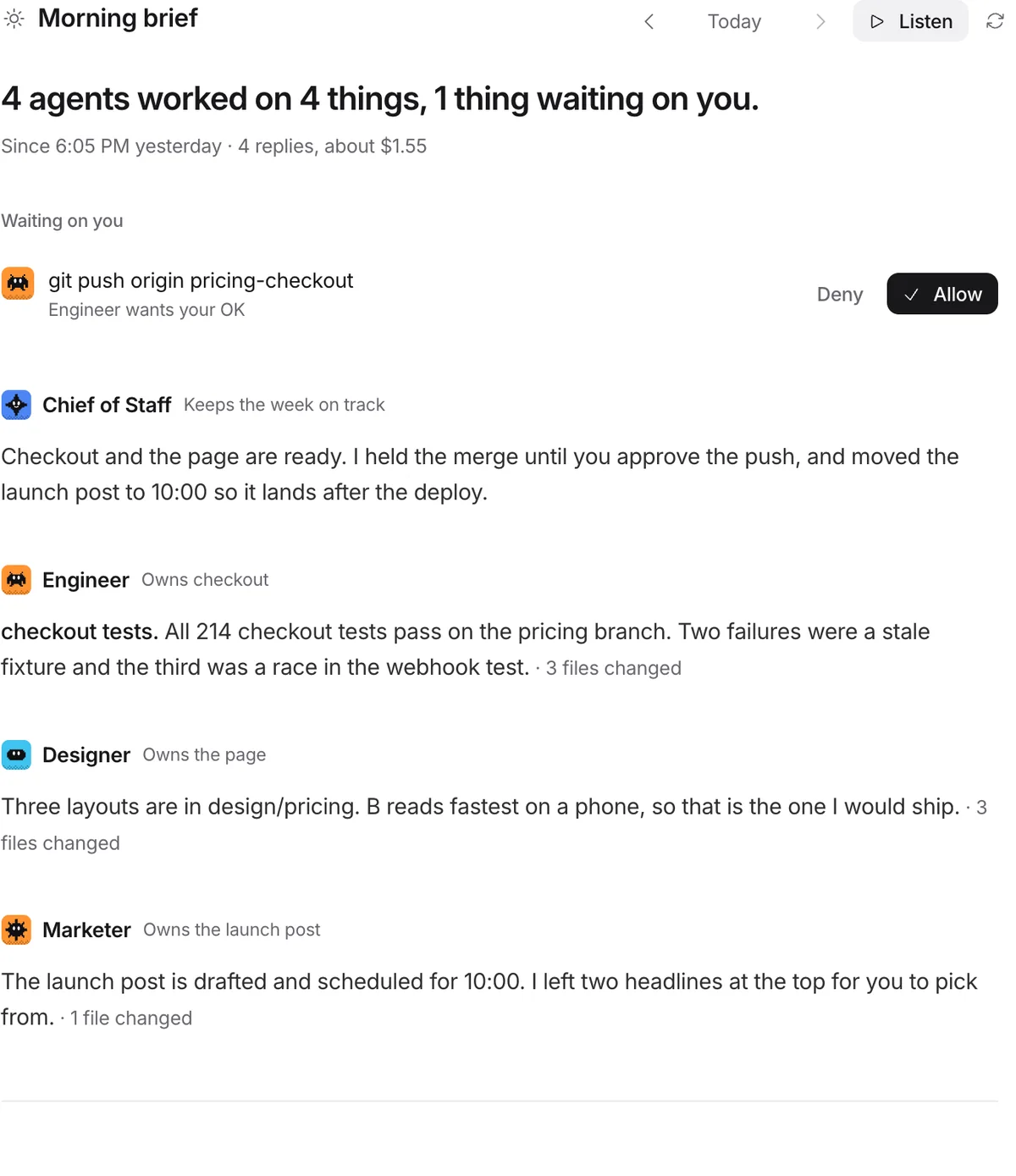 The morning brief in Bloks: 4 agents worked on 4 things, 1 thing waiting on you, with an approval to give and each agent's report.