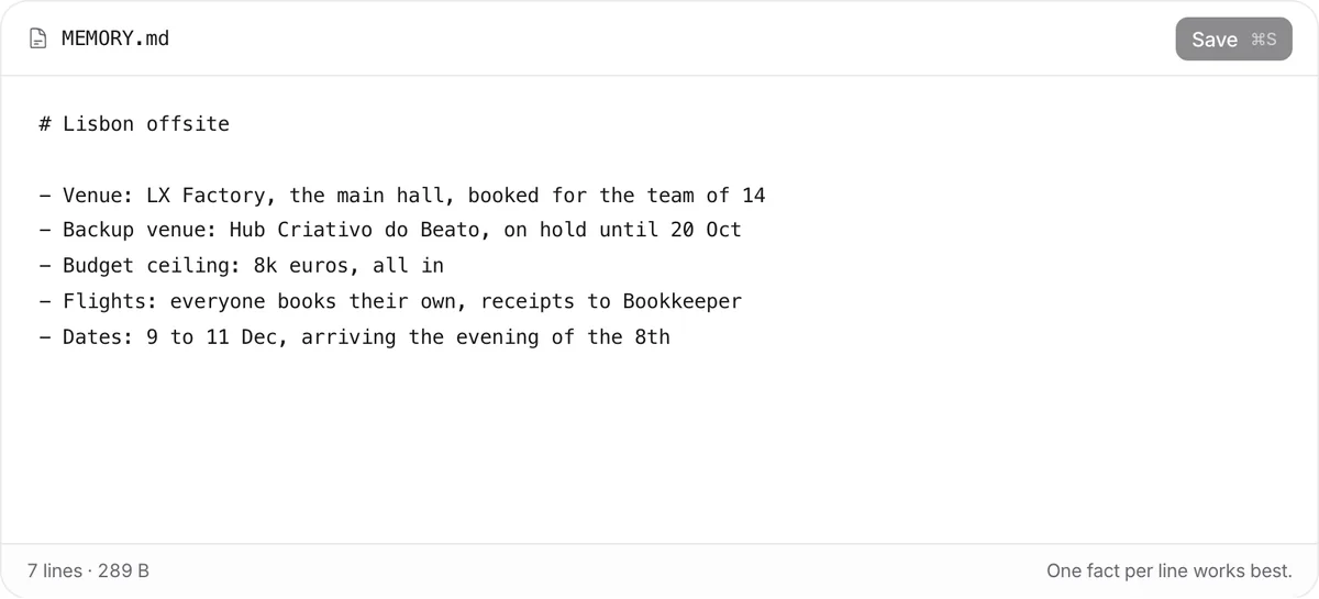 An agent's MEMORY.md open in Bloks, with notes on the Lisbon offsite.