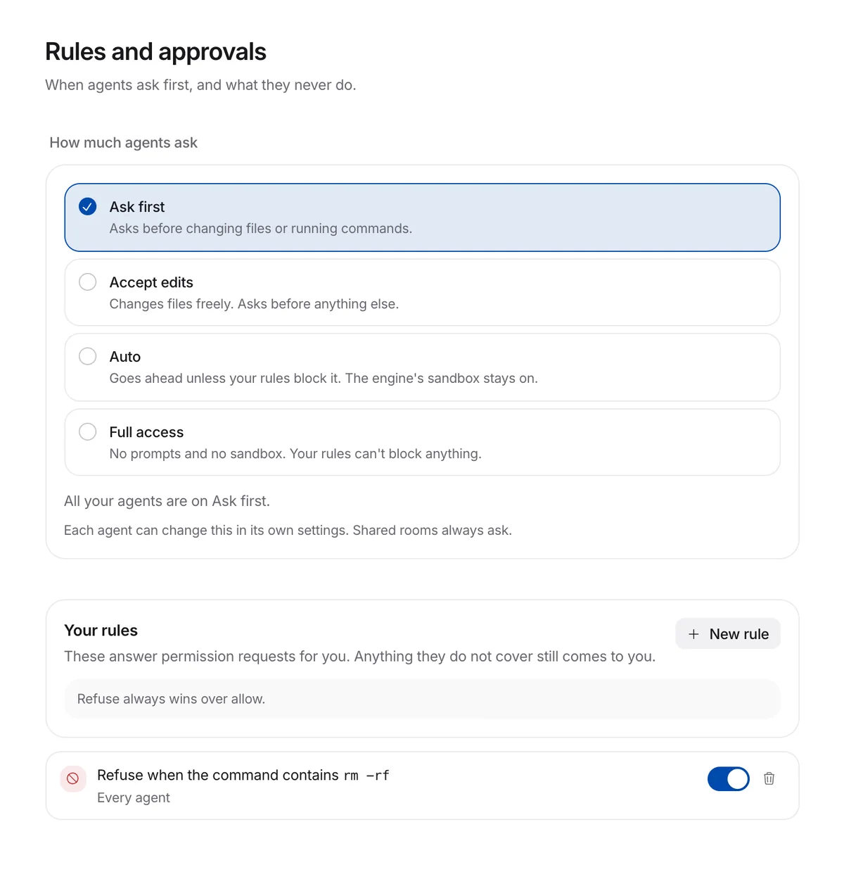 Rules and approvals in Bloks: Ask first, Accept edits, Auto and Full access, and a rule that refuses rm -rf.